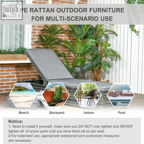 Gray pe rattan sun lounger with cushioned seat and backrest perfect for beach backyard indoor or poolside use