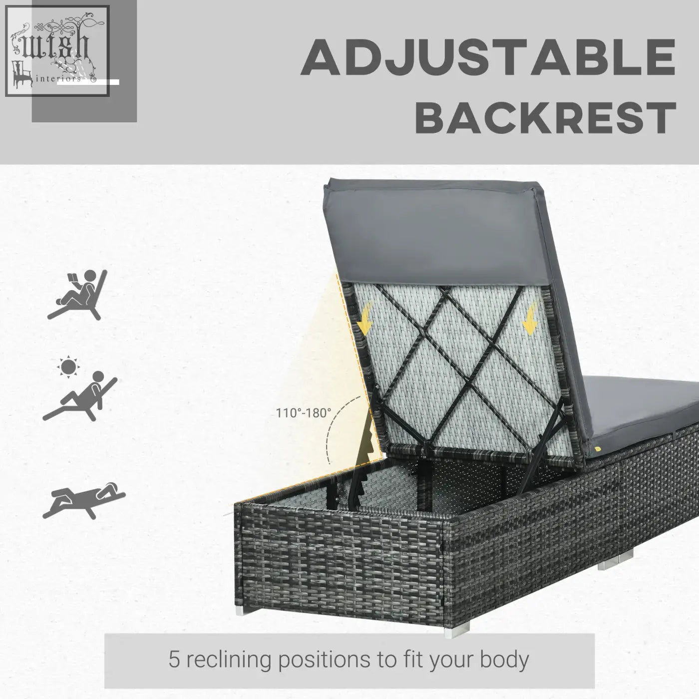 Dark gray rattan sun lounger with adjustable five-level recliner and storage compartment for patio or garden use
