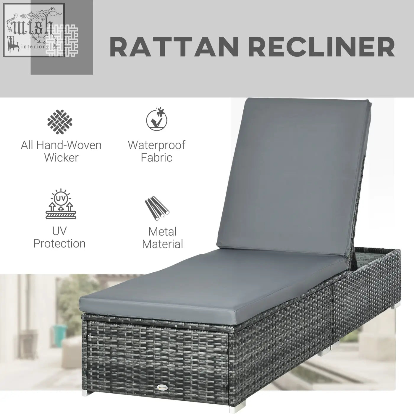 Gray cushioned rattan sun lounger with woven wicker frame and metal legs perfect for patio and garden use