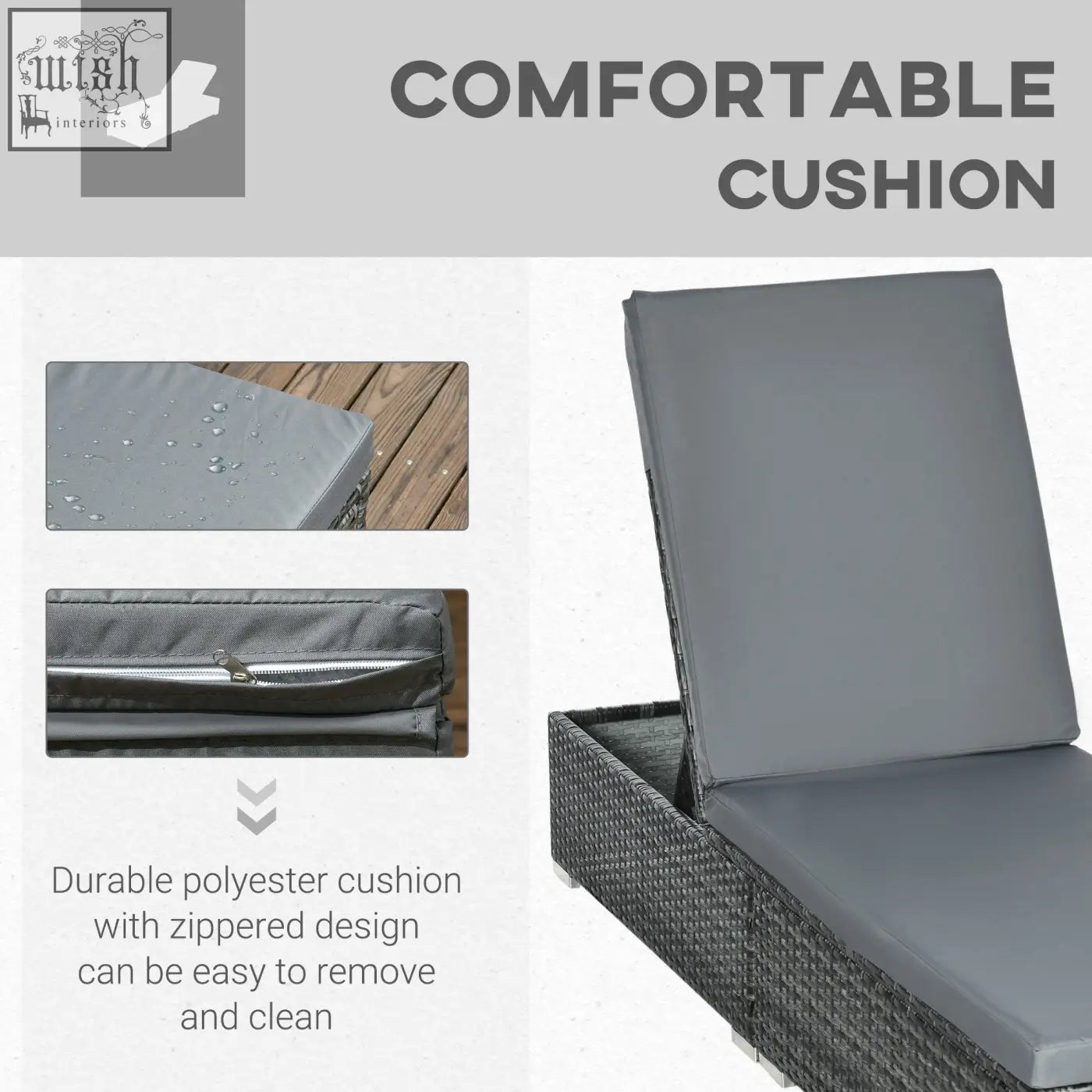 Gray polyester cushion with zippered design on outsunny mixed grey rattan sun lounger for comfy outdoor seating