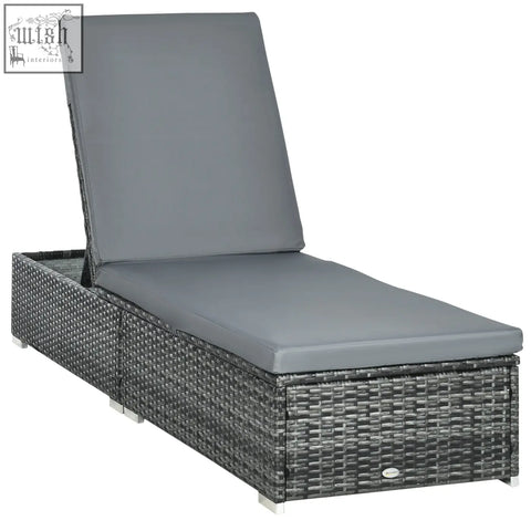 Gray wicker rattan sun lounger with cushioned seat and backrest five-level adjustable for patio and garden use