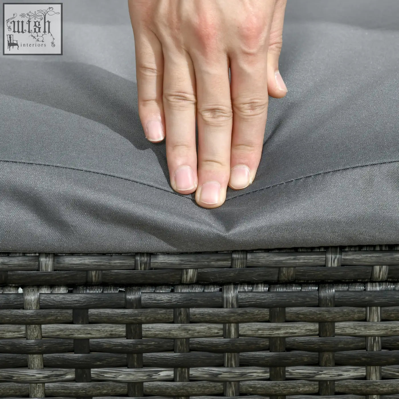 Gray woven wicker rattan sun lounger with matching soft cushion five-level adjustable recliner for patio and garden