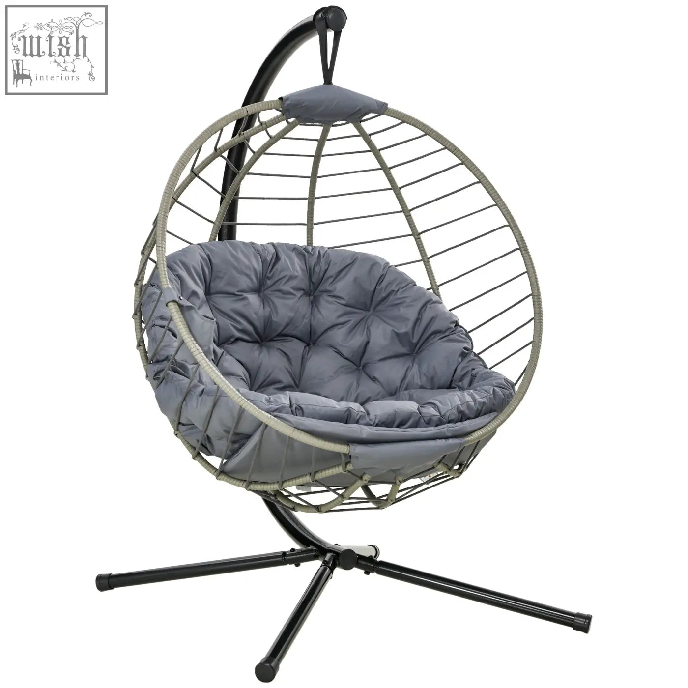 Gray cushioned outsunny swing chair with foldable basket, woven wire frame, and black metal stand for indoor and outdoor use