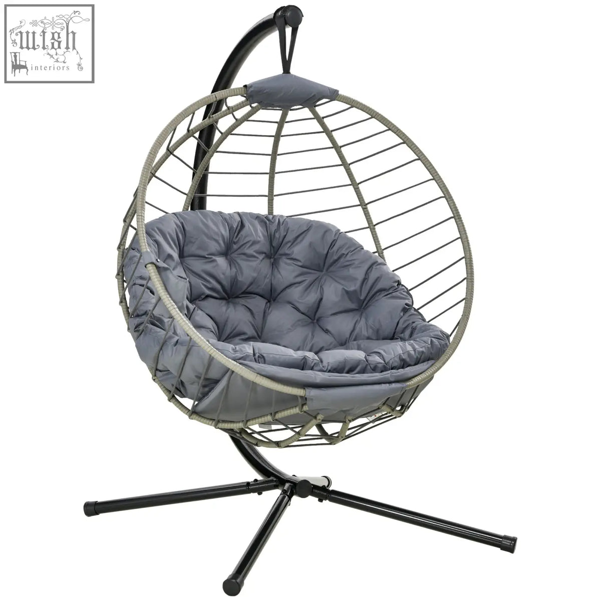 Gray cushioned outsunny swing chair with foldable basket, woven wire frame, and black metal stand for indoor and outdoor use