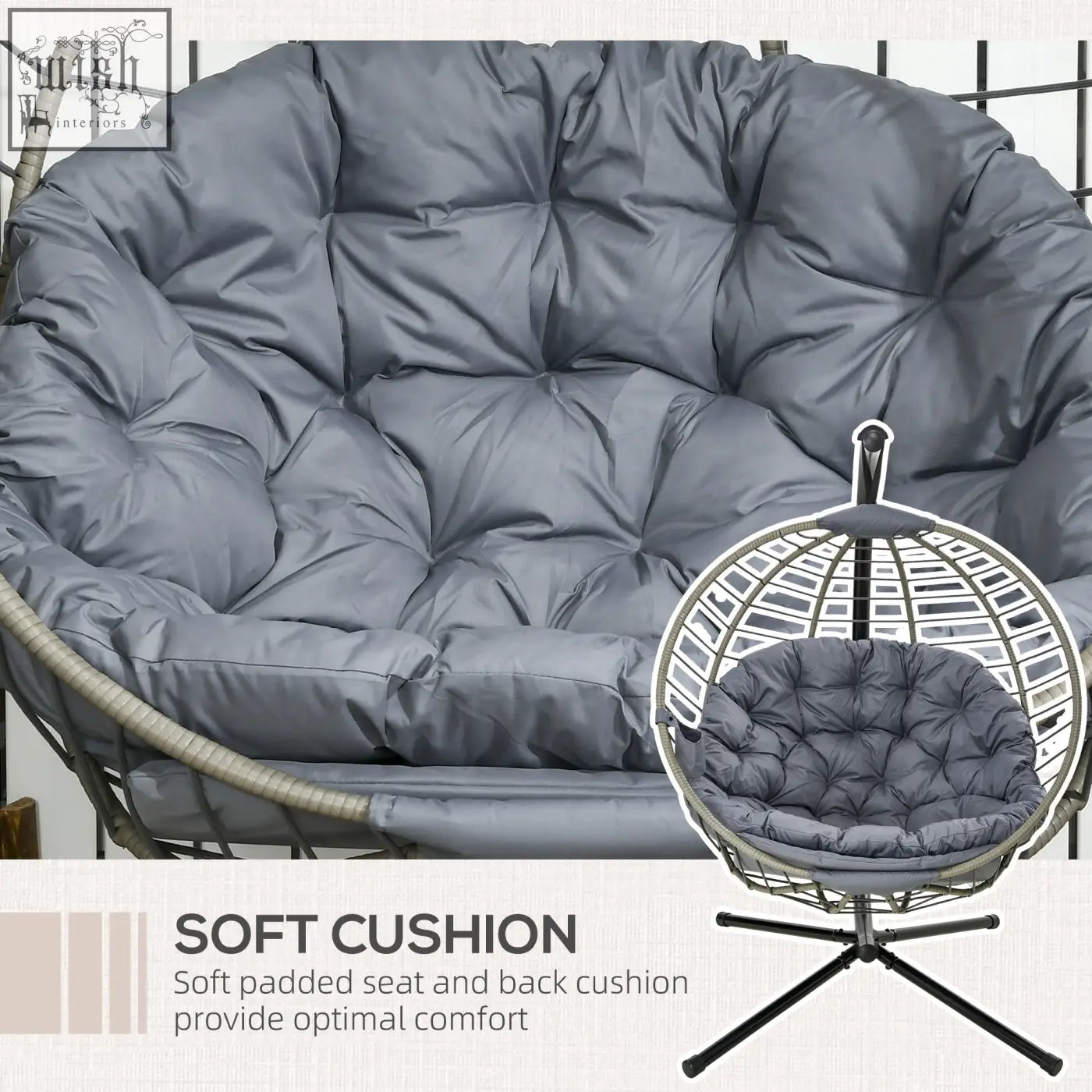 Gray quilted padded cushion with tufted design for outsunny pe rattan swing chair with foldable basket and metal stand