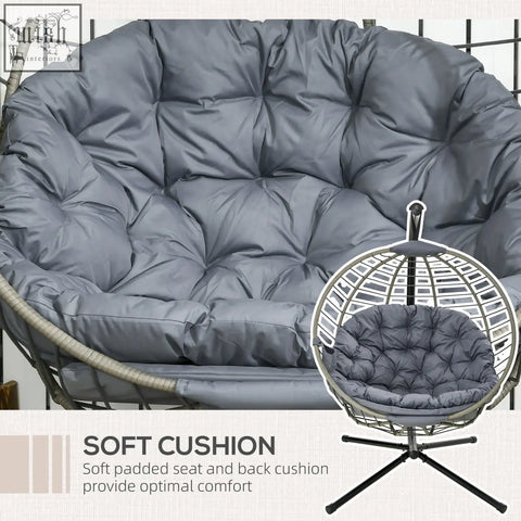 Gray quilted padded cushion with tufted design for outsunny pe rattan swing chair with foldable basket and metal stand