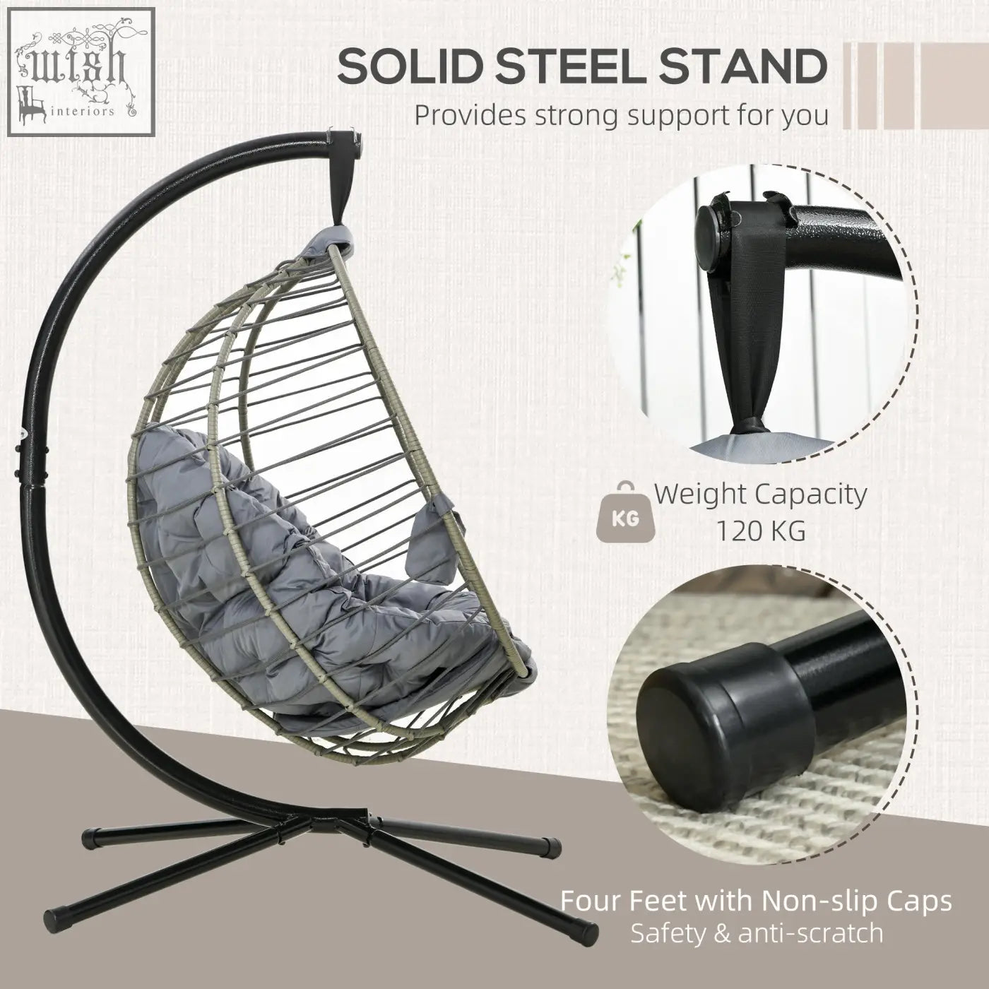 Black steel outsunny swing chair with gray quilted padded cushion foldable basket and metal stand for indoor outdoor use