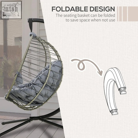 Outsunny gray pe rattan swing chair with padded cushion foldable basket and metal stand for indoor outdoor use