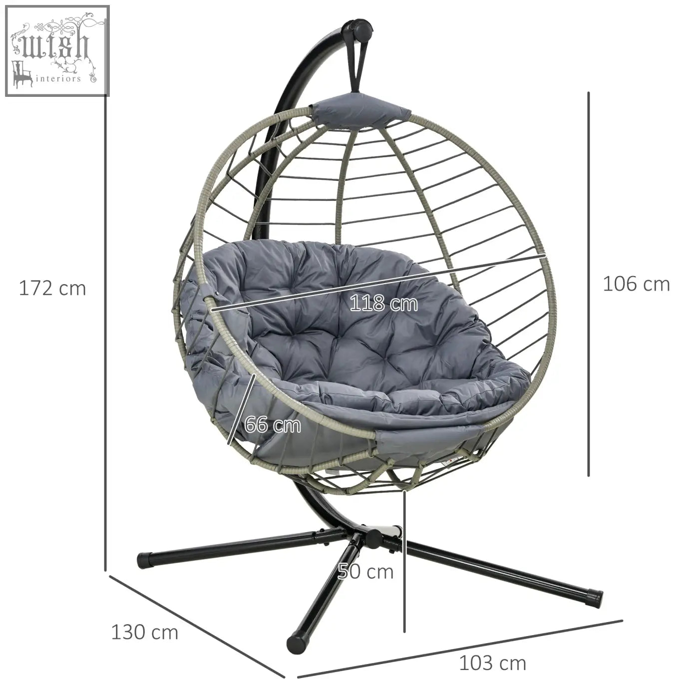 Outsunny gray swing chair with padded cushion foldable basket woven wireframe and black metal stand for indoor outdoor use