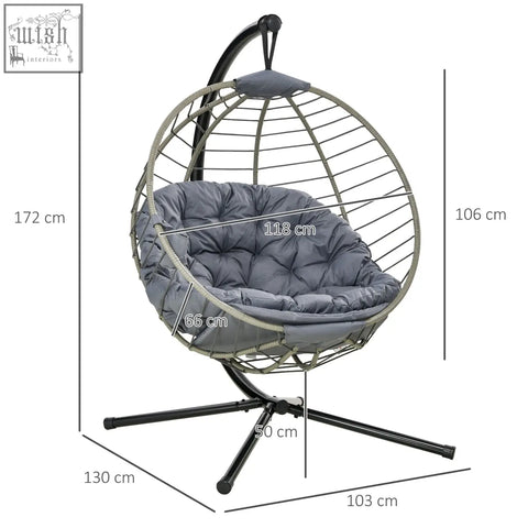 Outsunny gray swing chair with padded cushion foldable basket woven wireframe and black metal stand for indoor outdoor use