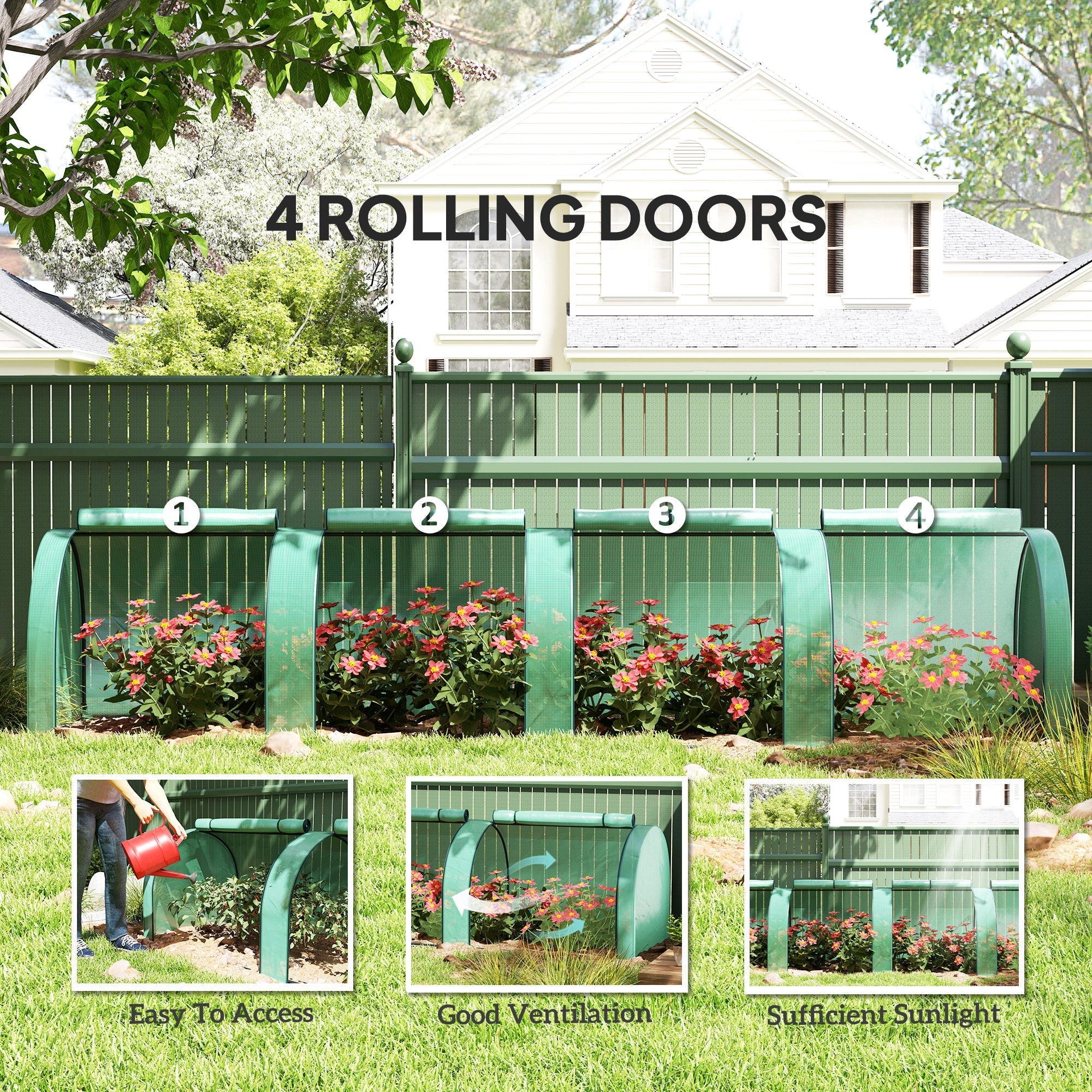 Green metal rolling garden door with arched top and vertical slats for easy access tunnel greenhouse steel frame