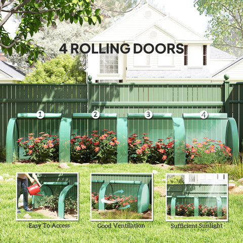 Green metal rolling garden door with arched top and vertical slats for easy access tunnel greenhouse steel frame