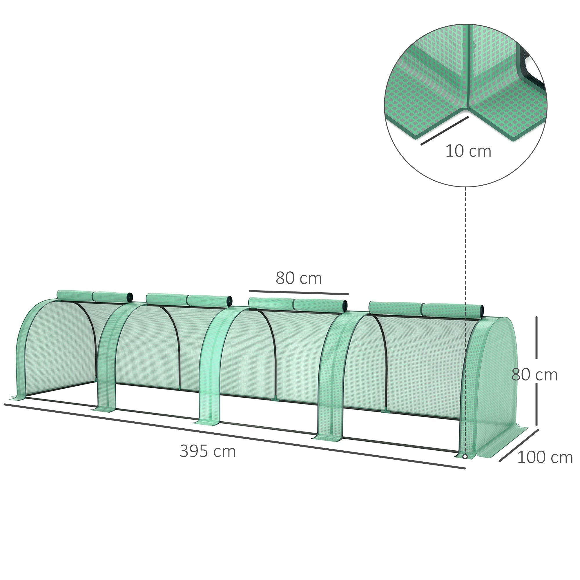 Green outsunny tunnel greenhouse with steel frame and easy access zipper doors for garden 395 cm length