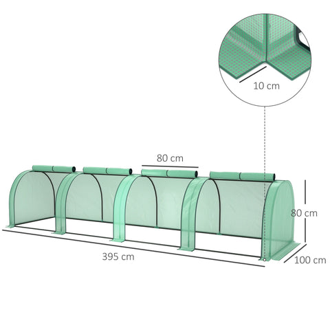 Green outsunny tunnel greenhouse with steel frame and easy access zipper doors for garden 395 cm length
