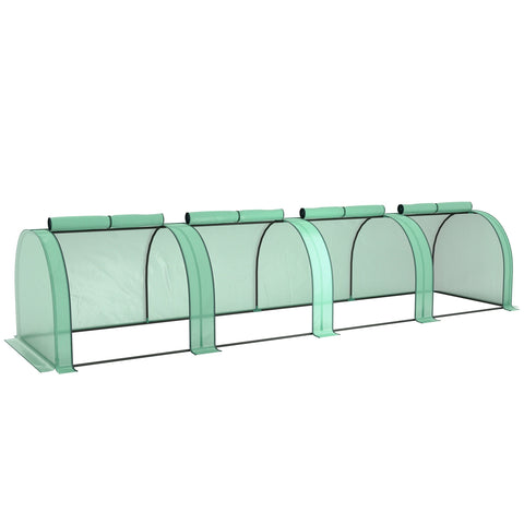 A long green outsunny tunnel greenhouse with steel frame and zipped doors for backyard garden use