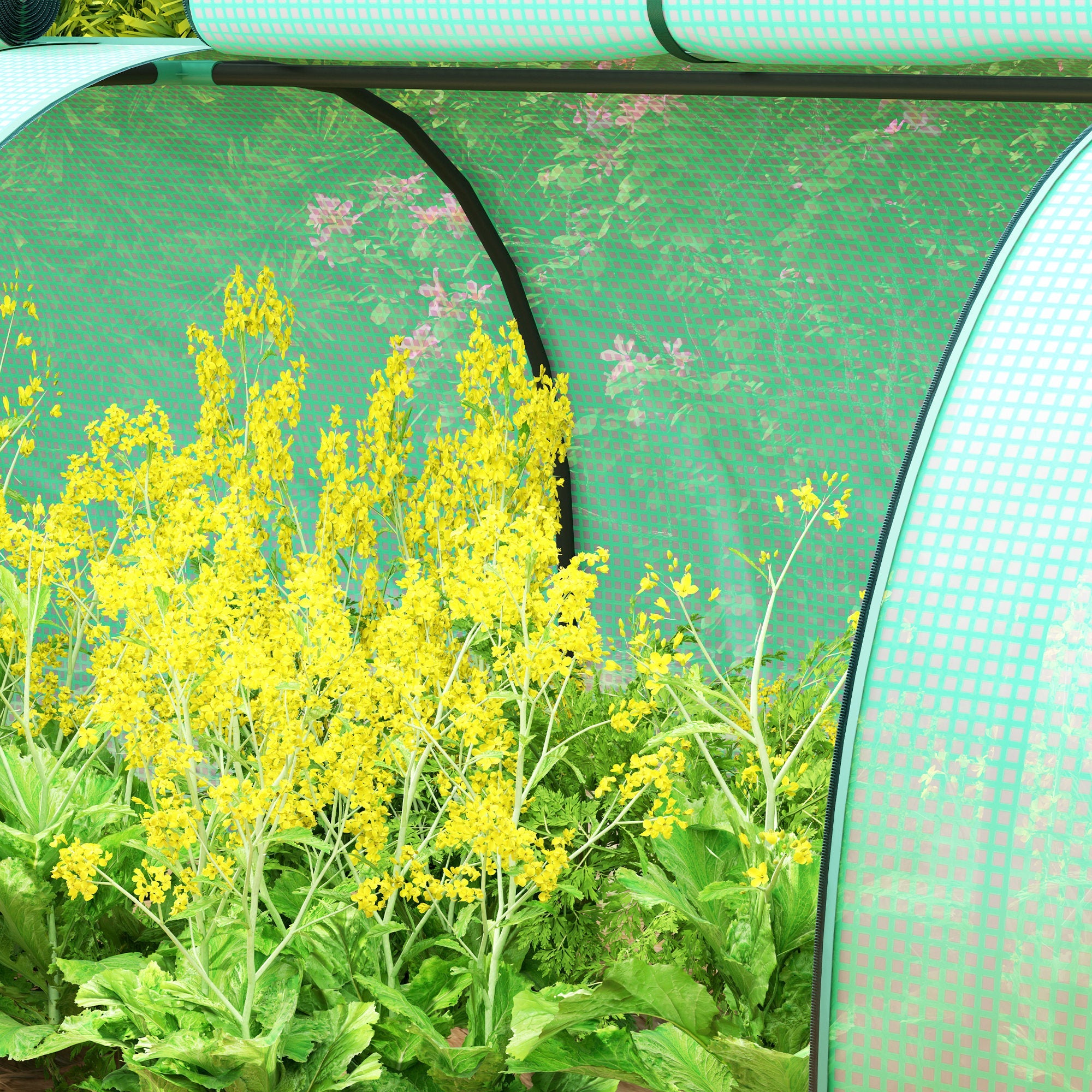 Green translucent tunnel greenhouse with floral pattern steel frame and easy access zipper doors for backyard garden