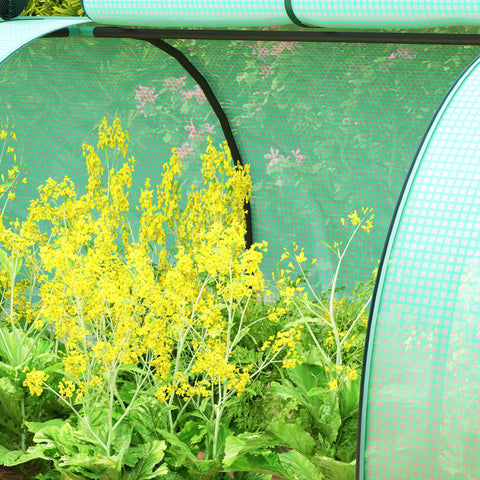 Green translucent tunnel greenhouse with floral pattern steel frame and easy access zipper doors for backyard garden