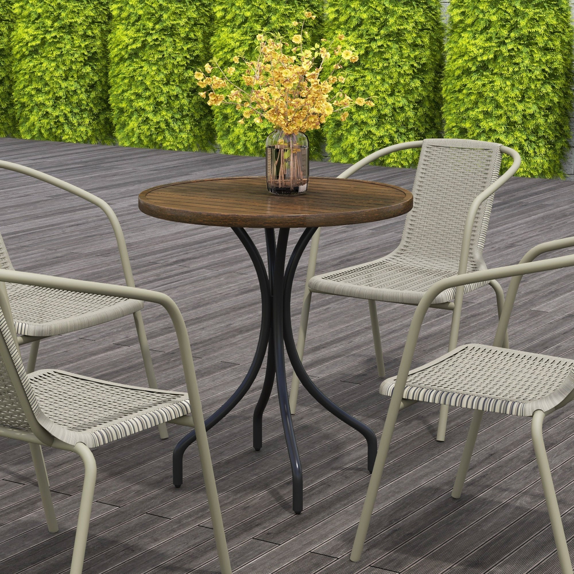 Round wooden garden table with brown galvanised steel frame and yellow flowers on top by outsunny
