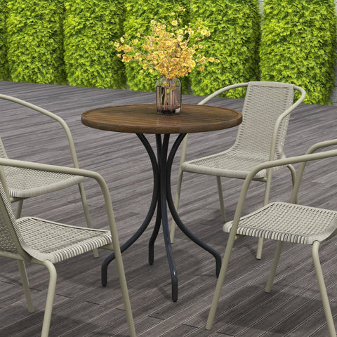 Round wooden garden table with brown galvanised steel frame and yellow flowers on top by outsunny