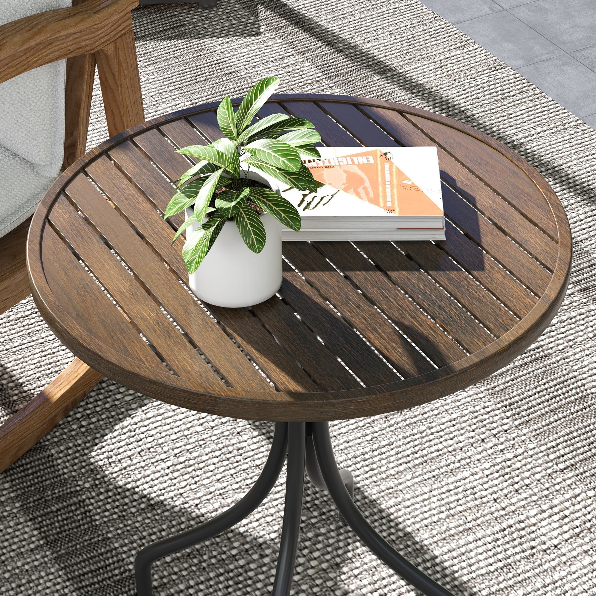Dark brown wooden slat round garden table with galvanised steel frame and black metal legs by outsunny