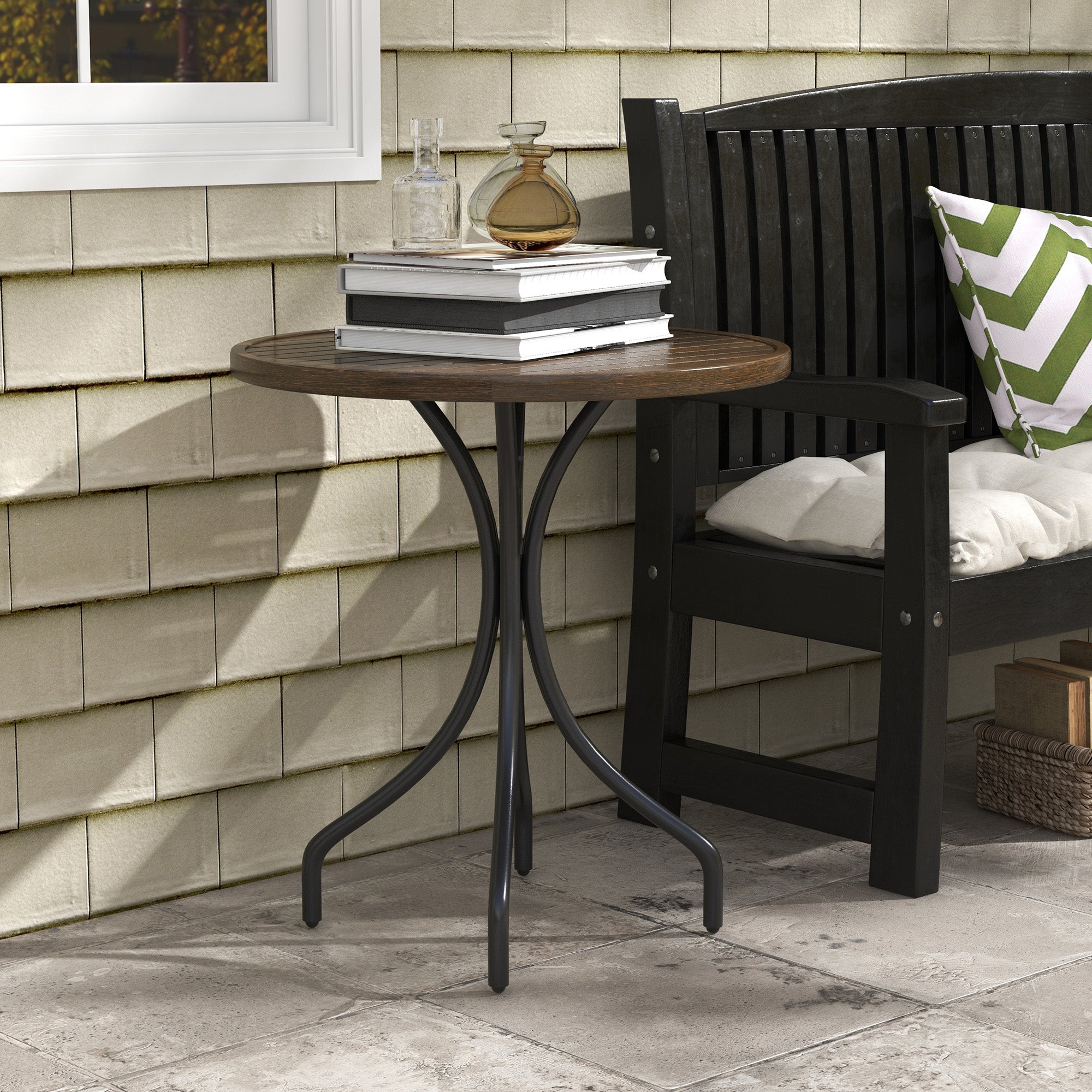 Outsunny brown garden table with dark brown round wooden top and black galvanised steel frame legs