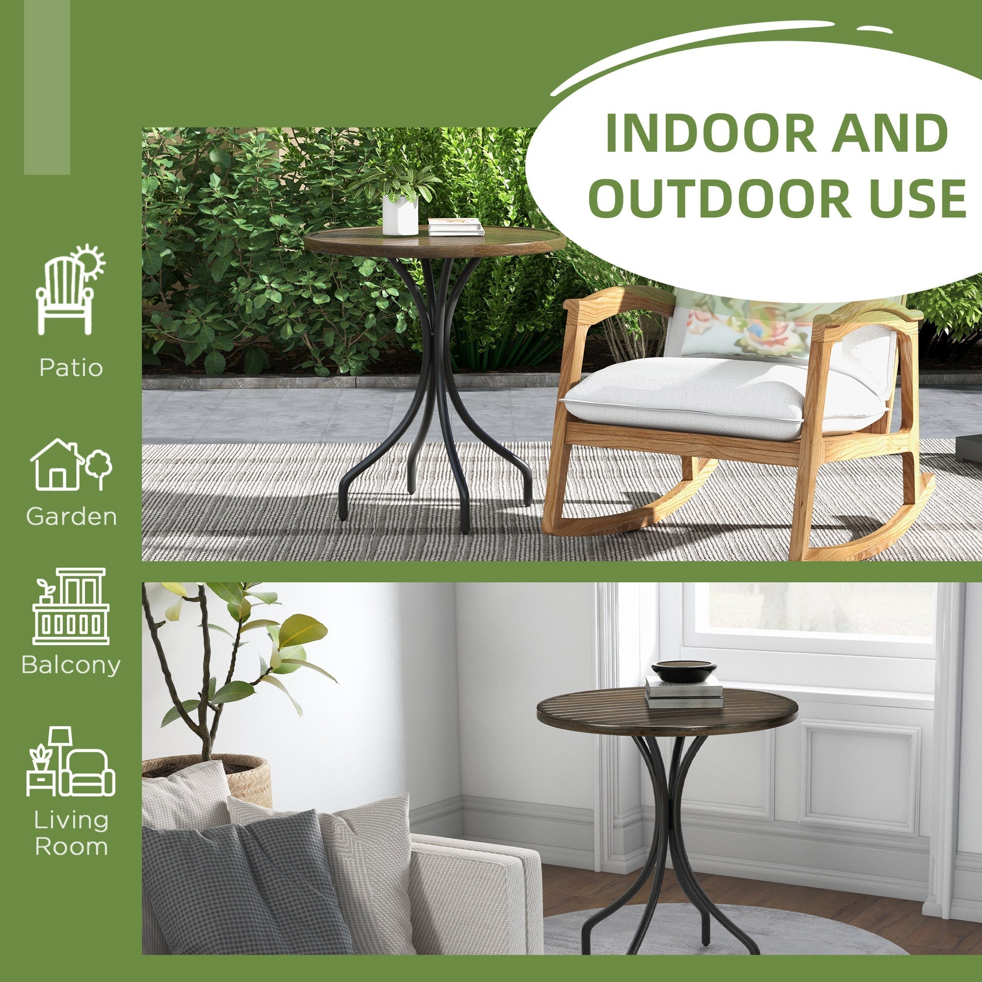 Round wooden garden table with brown top and galvanised steel frame with black metal legs for outdoor use
