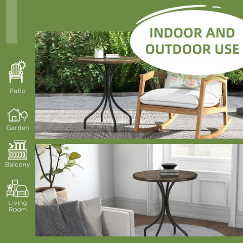 Round wooden garden table with brown top and galvanised steel frame with black metal legs for outdoor use