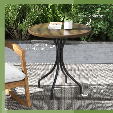Outsunny round garden table with a dark brown slat top and a black galvanised steel frame for outdoor use