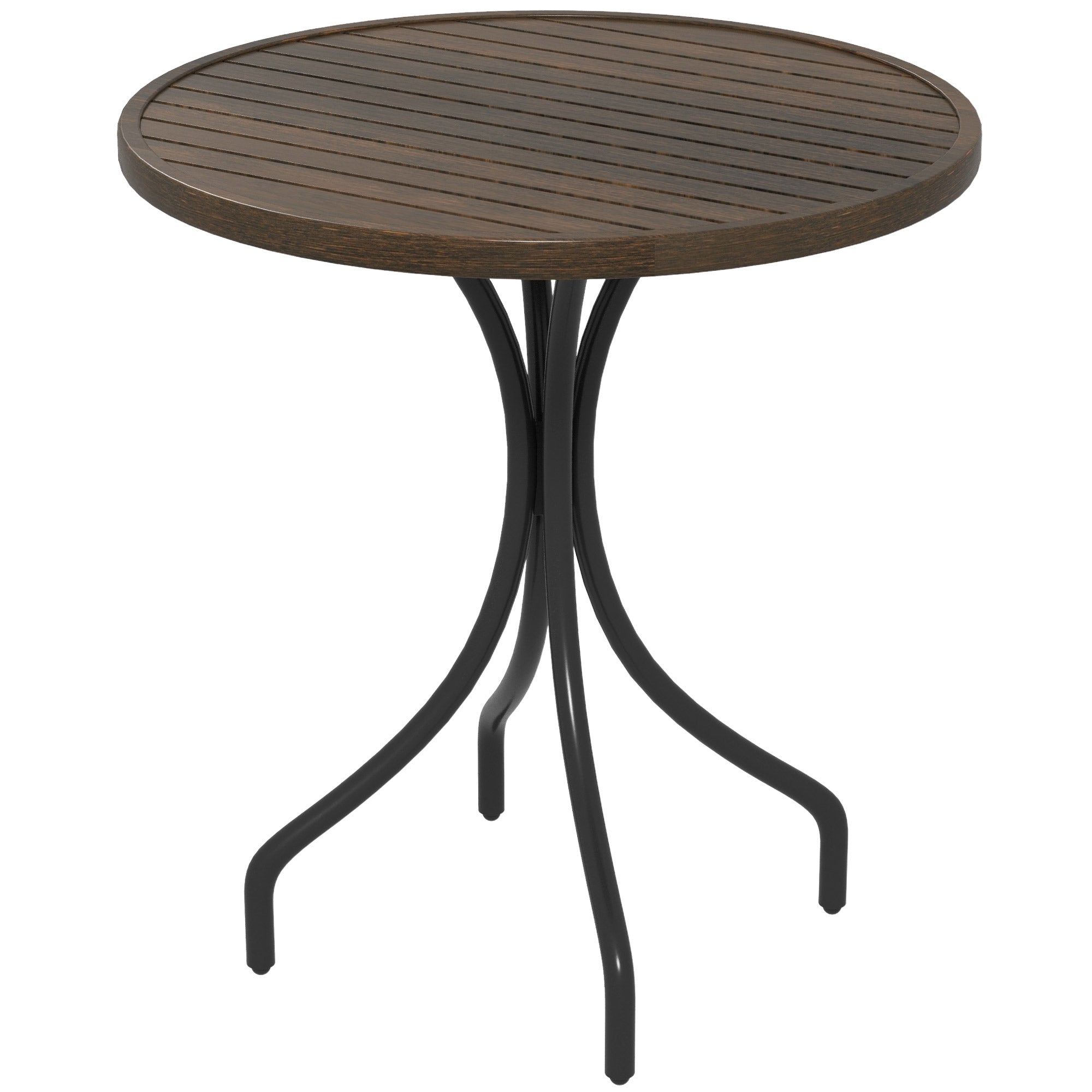 Outsunny dark brown slatted round garden table with galvanised steel frame and black metal base