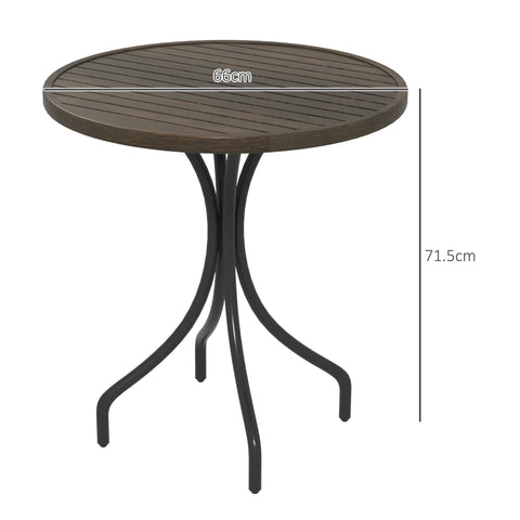 Dark brown round garden table with slatted top and black galvanised steel frame perfect for outdoor use