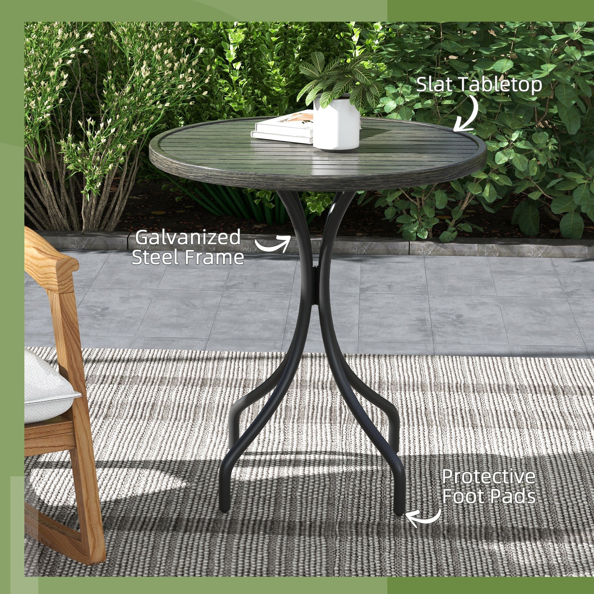 Outsunny round garden table with dark gray slat top and black galvanised steel frame for outdoor use
