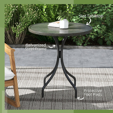 Outsunny round garden table with dark gray slat top and black galvanised steel frame for outdoor use