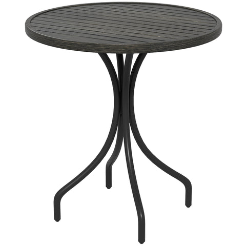 Black wrought iron patio table with round slatted top featuring galvanised steel frame perfect as garden table