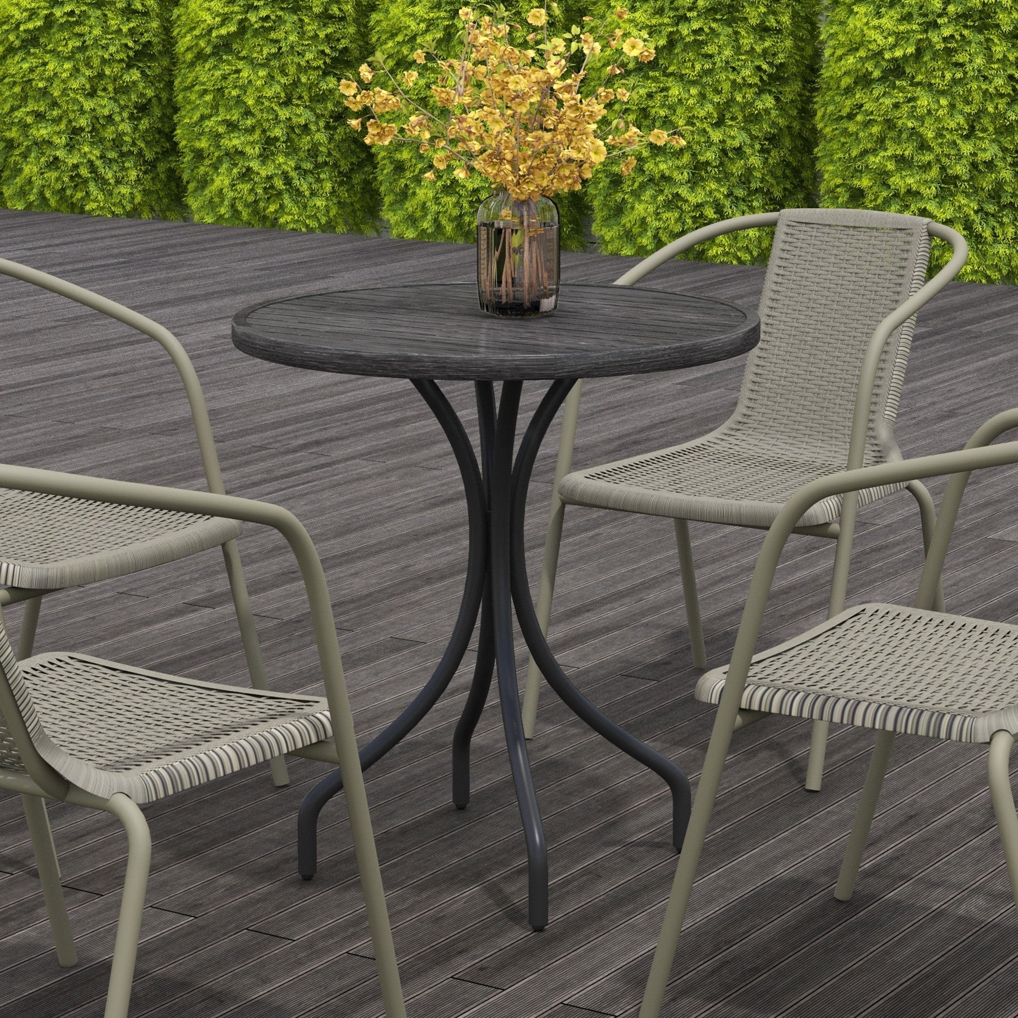 Dark gray round garden table with woven wicker top and galvanised steel frame by outsunny
