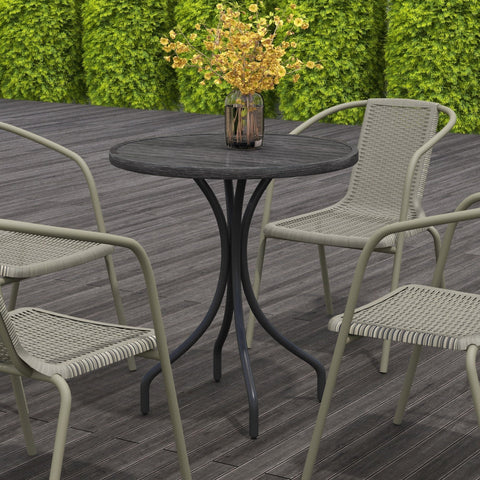 Dark gray round garden table with woven wicker top and galvanised steel frame by outsunny