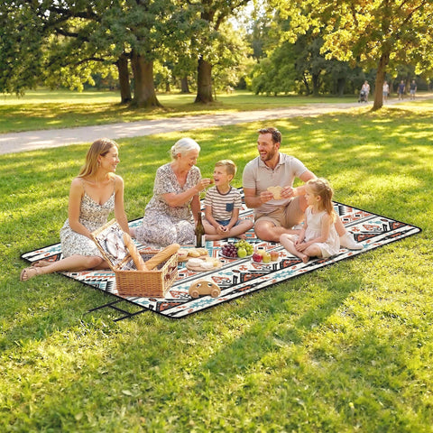 Outsunny picnic blanket with integrated strap features colorful geometric tribal designs perfect for camping or outdoor use