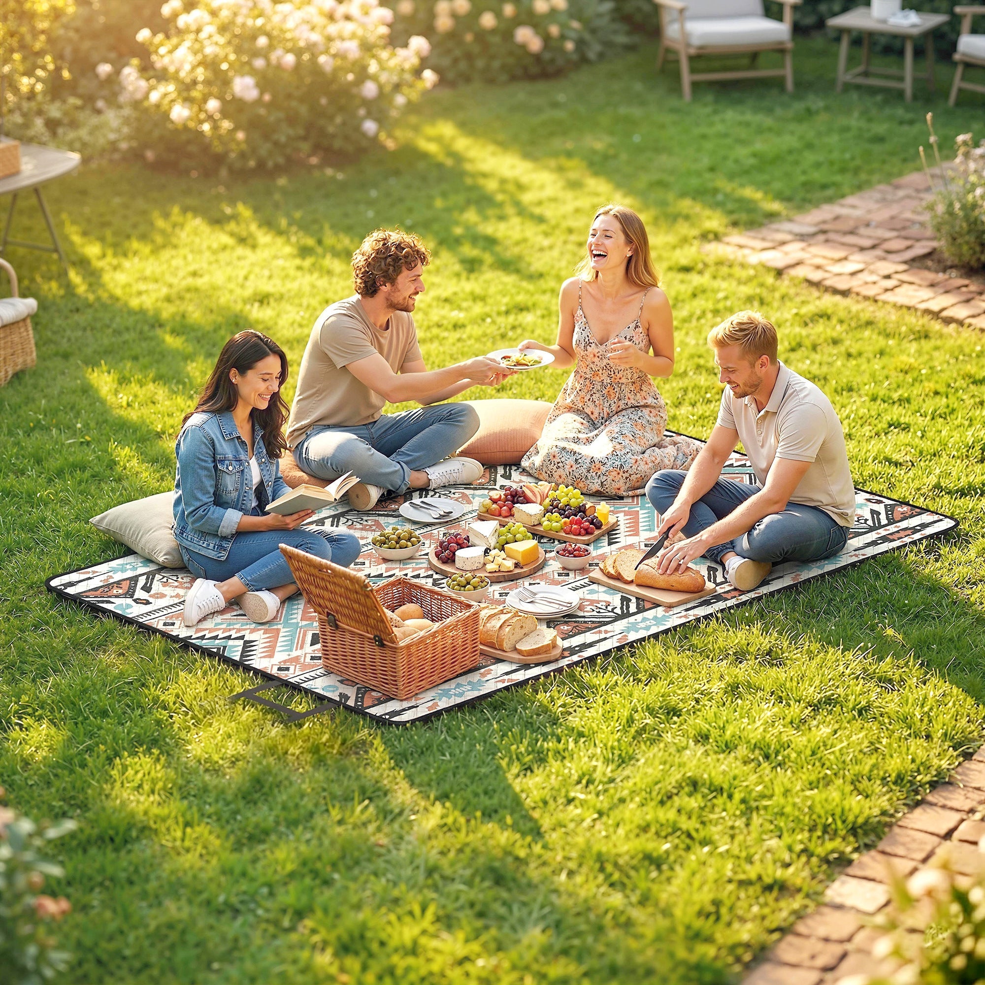Outsunny picnic blanket with geometric design in earthy tones 300x200cm camping mat with oxford cloth and integrated strap