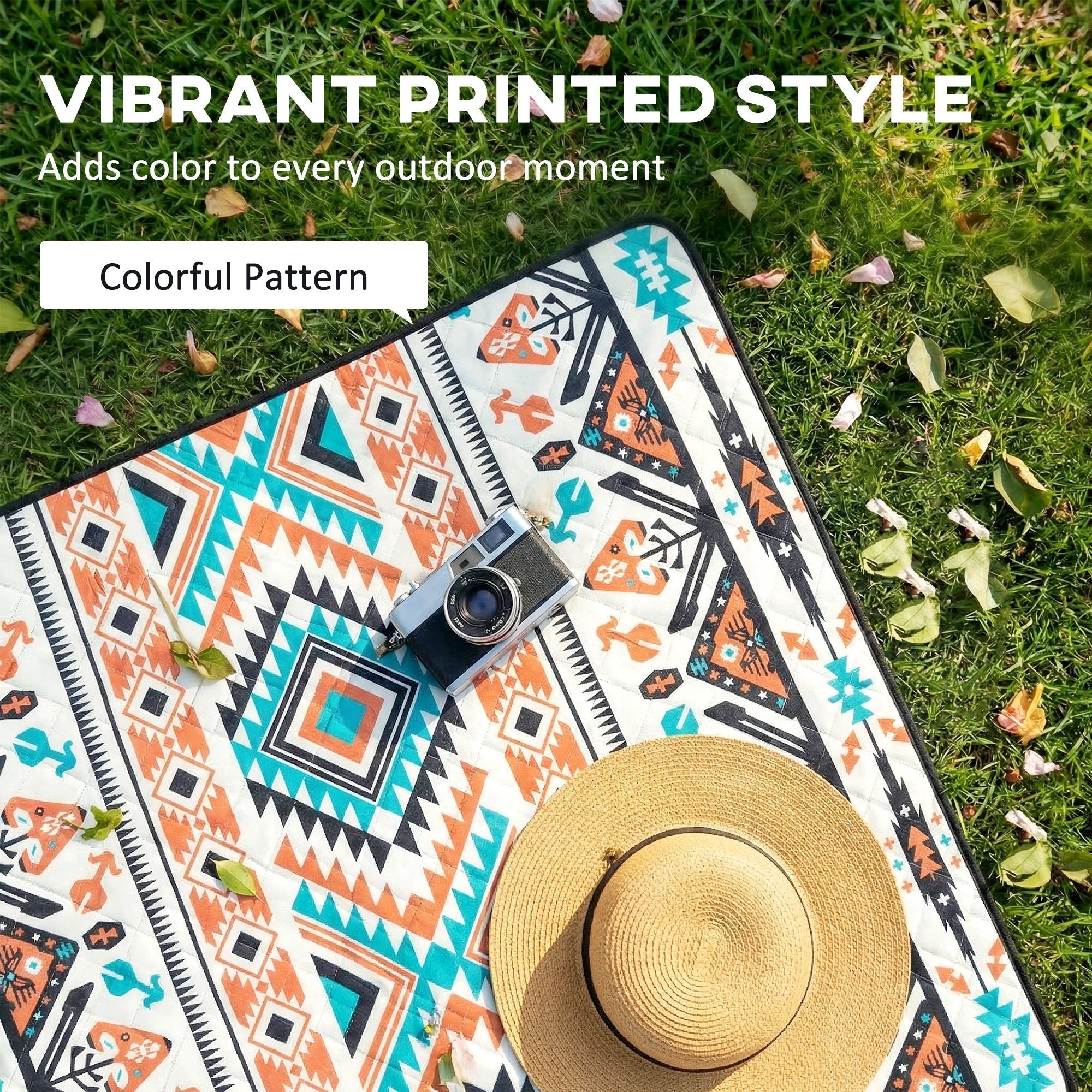 Vibrant orange teal black and white geometric picnic blanket with integrated strap perfect for camping mat outdoor use