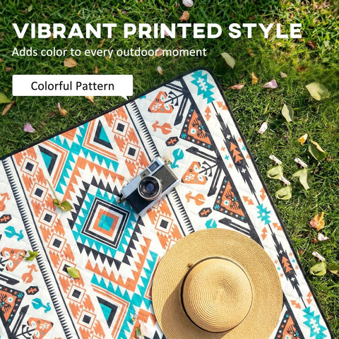 Vibrant orange teal black and white geometric picnic blanket with integrated strap perfect for camping mat outdoor use