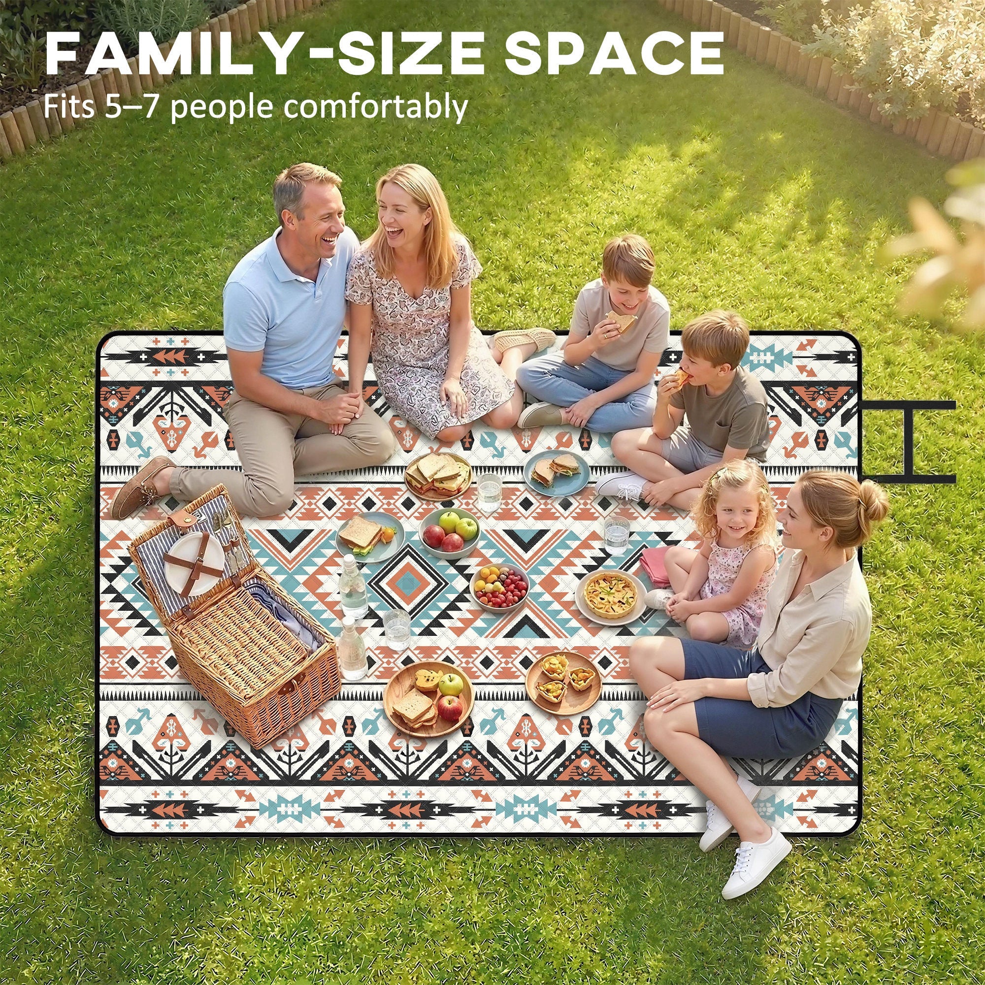 Family-sized outsunny picnic blanket with geometric tribal pattern in brown teal cream and integrated strap for camping mat use