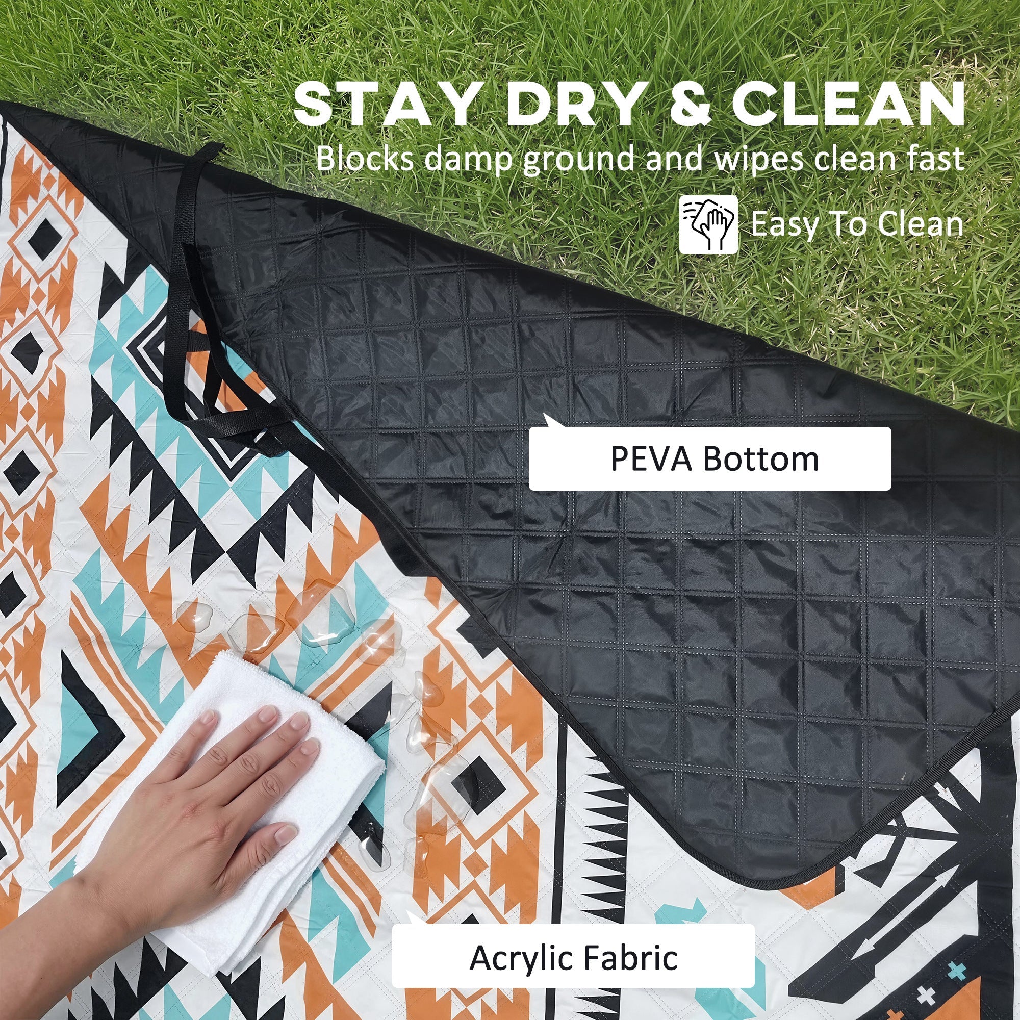 Outsunny picnic blanket with vibrant orange teal and black geometric pattern on acrylic fabric and waterproof peva bottom with integrated strap camping mat