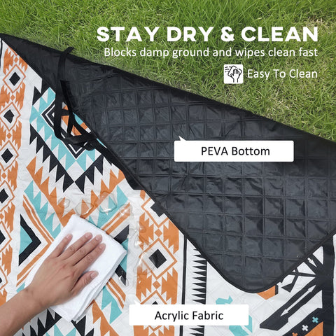 Outsunny picnic blanket with vibrant orange teal and black geometric pattern on acrylic fabric and waterproof peva bottom with integrated strap camping mat