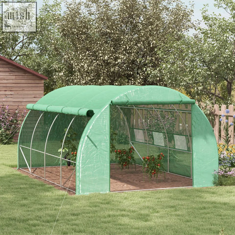 Green plastic outsunny polytunnel greenhouse with galvanised steel frame and eight roll-up windows for easy access