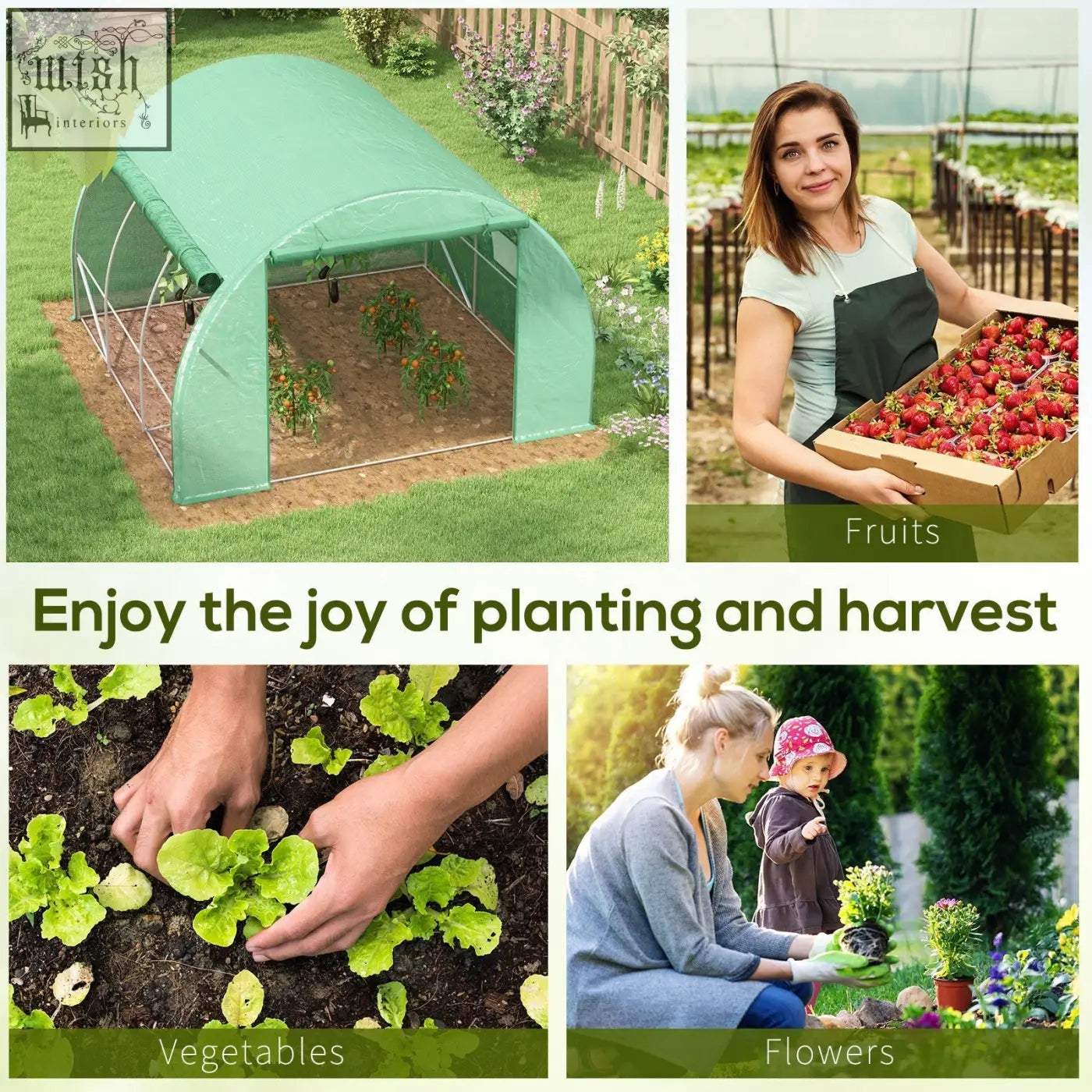 Green outsunny polytunnel greenhouse with galvanised steel frame six roll-up windows and zipped door 3x3x2m