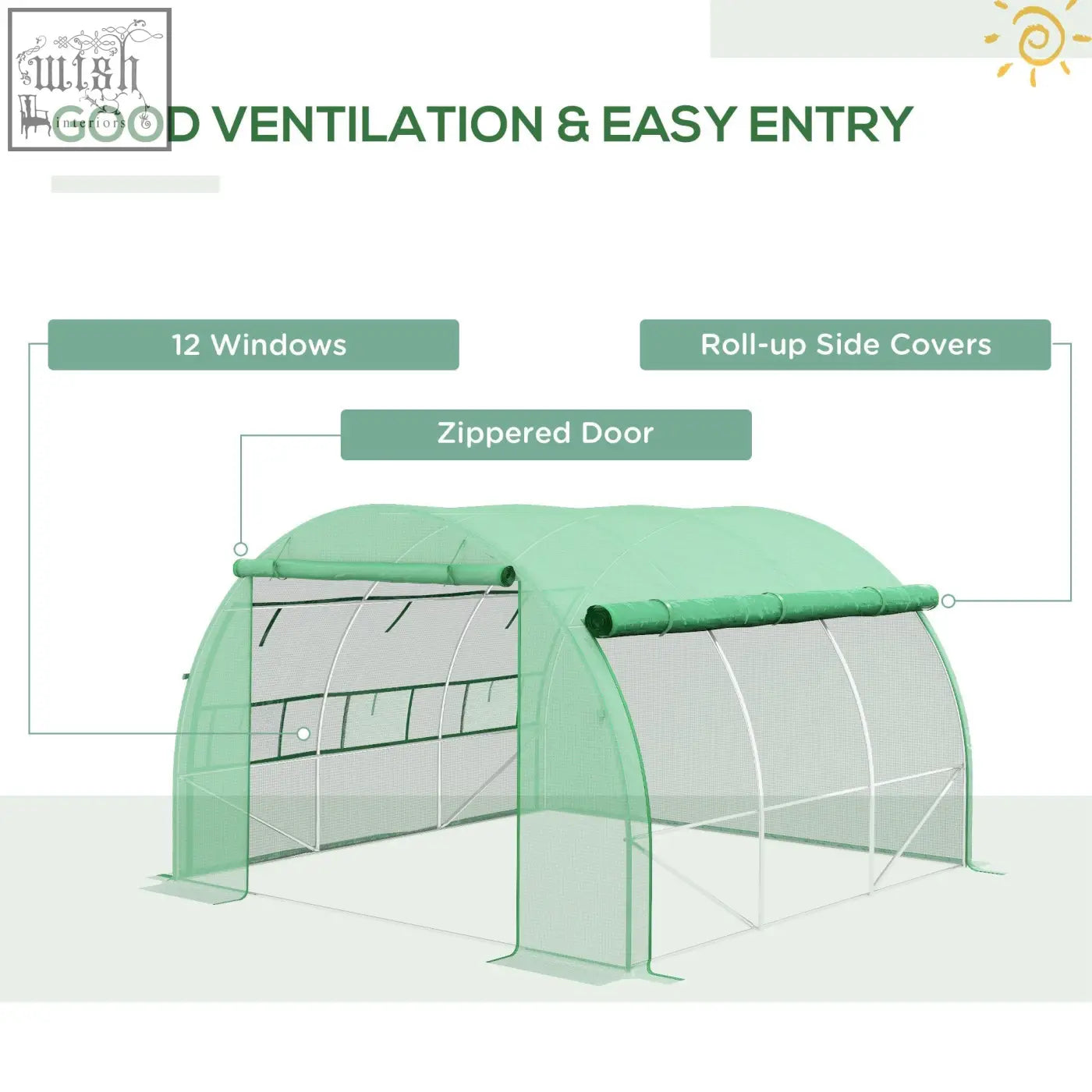 Green arched outsunny polytunnel greenhouse with galvanised steel frame six roll-up windows and zipped door
