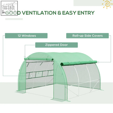Green arched outsunny polytunnel greenhouse with galvanised steel frame six roll-up windows and zipped door
