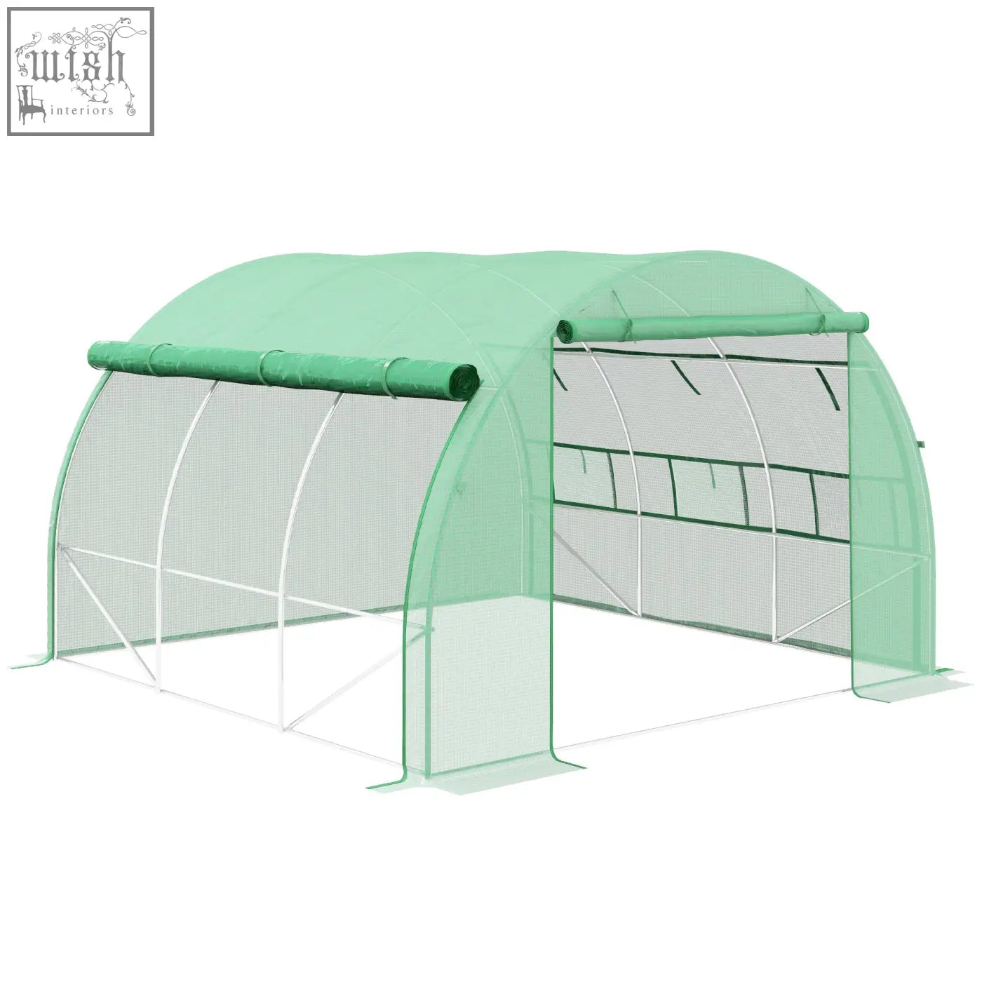 Outsunny polytunnel greenhouse in green with galvanised steel frame mesh sides six roll-up windows and translucent roof
