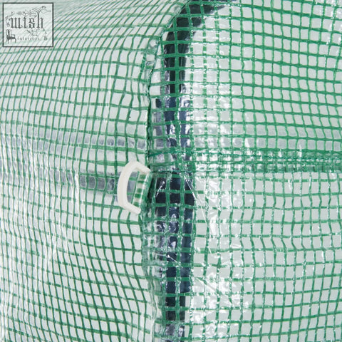 Green mesh greenhouse cover with white buckle and black zipper on outsunny polytunnel with galvanised steel frame and eight roll-up windows