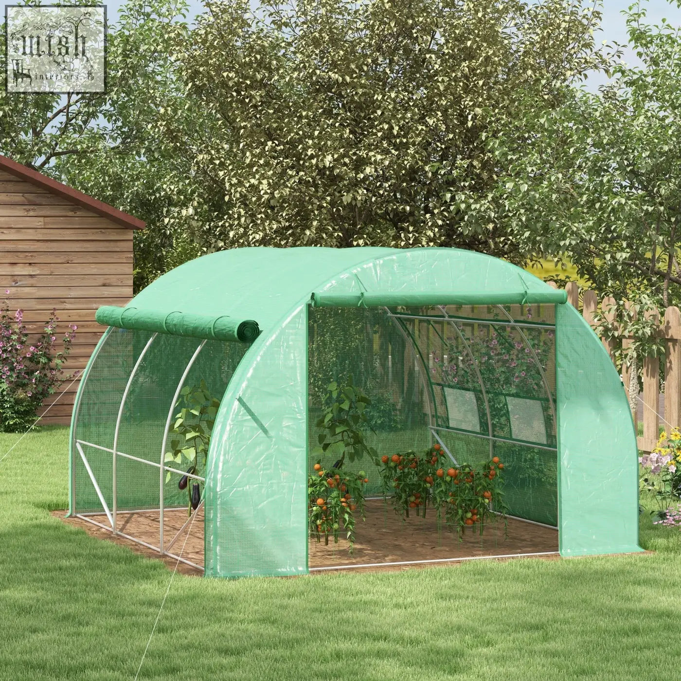 Green plastic outsunny polytunnel greenhouse with galvanised steel frame six roll-up windows and zipped door 3x3x2m