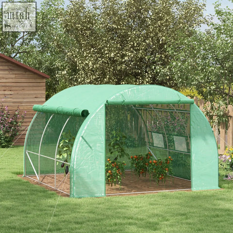 Green plastic outsunny polytunnel greenhouse with galvanised steel frame six roll-up windows and zipped door 3x3x2m